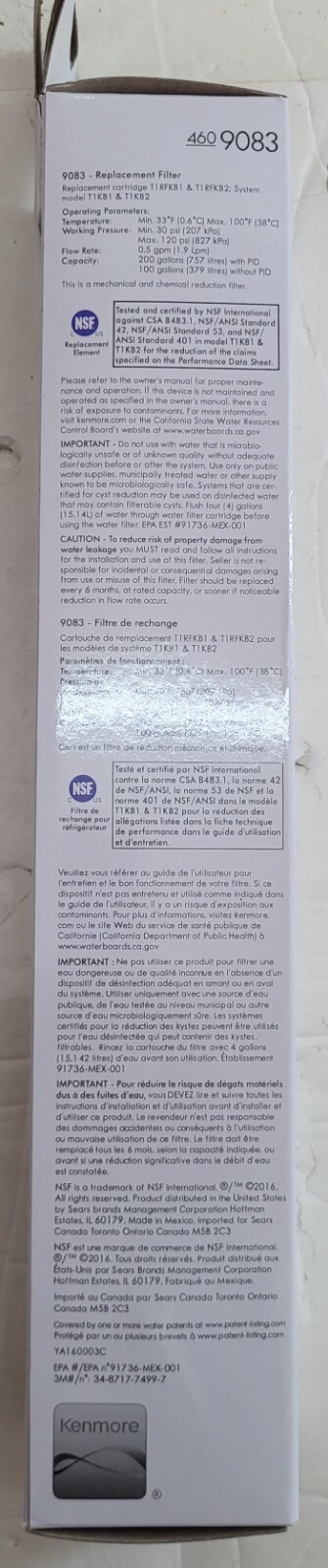 3 Pack KENMORE Genuine 4609083 46-9083 Replacement Refrigerator Water Filters