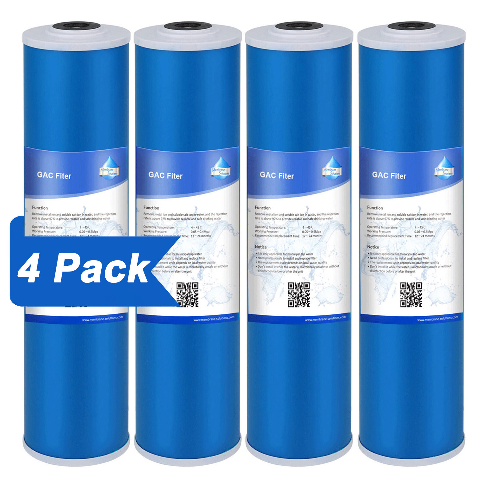 4 Pack 20″x4.5″ 5 Micron GAC Carbon Water Filter Big Blue Cartridges Replacement