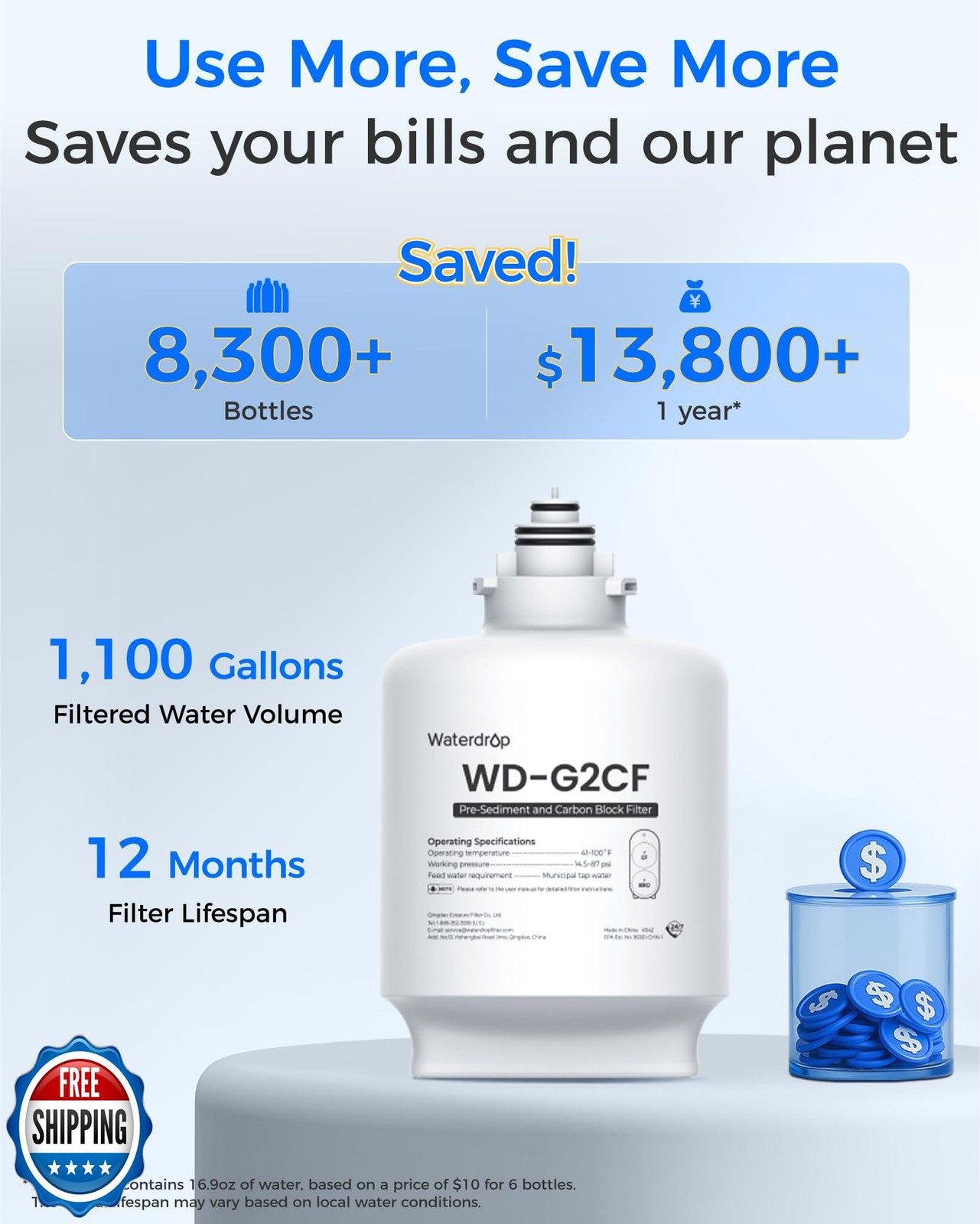 Waterdrop WD-G2CF Filter, Replacement for WD-G2-W, WD-G2-B, WD-G2