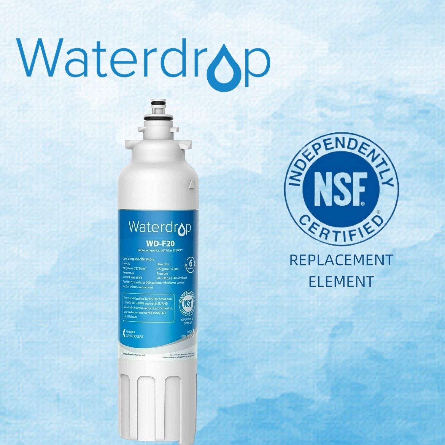 Waterdrop LT800P® Refrigerator Water Filter, Replacement for LG® LT800P®, 1 Pack