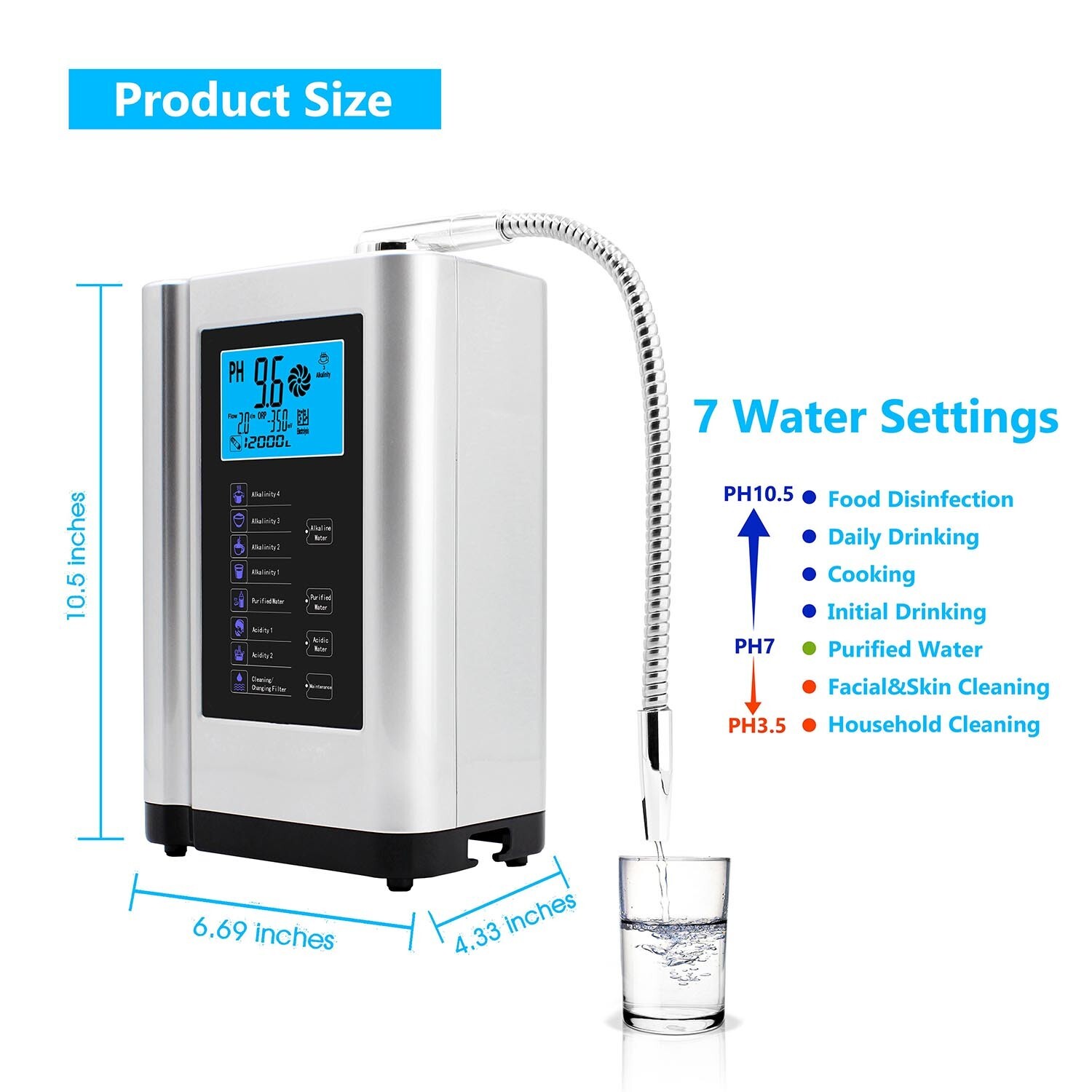 Alkaline Water Ionizer machine hydrogen water Purifier pH3.5-10.5 Water filter
