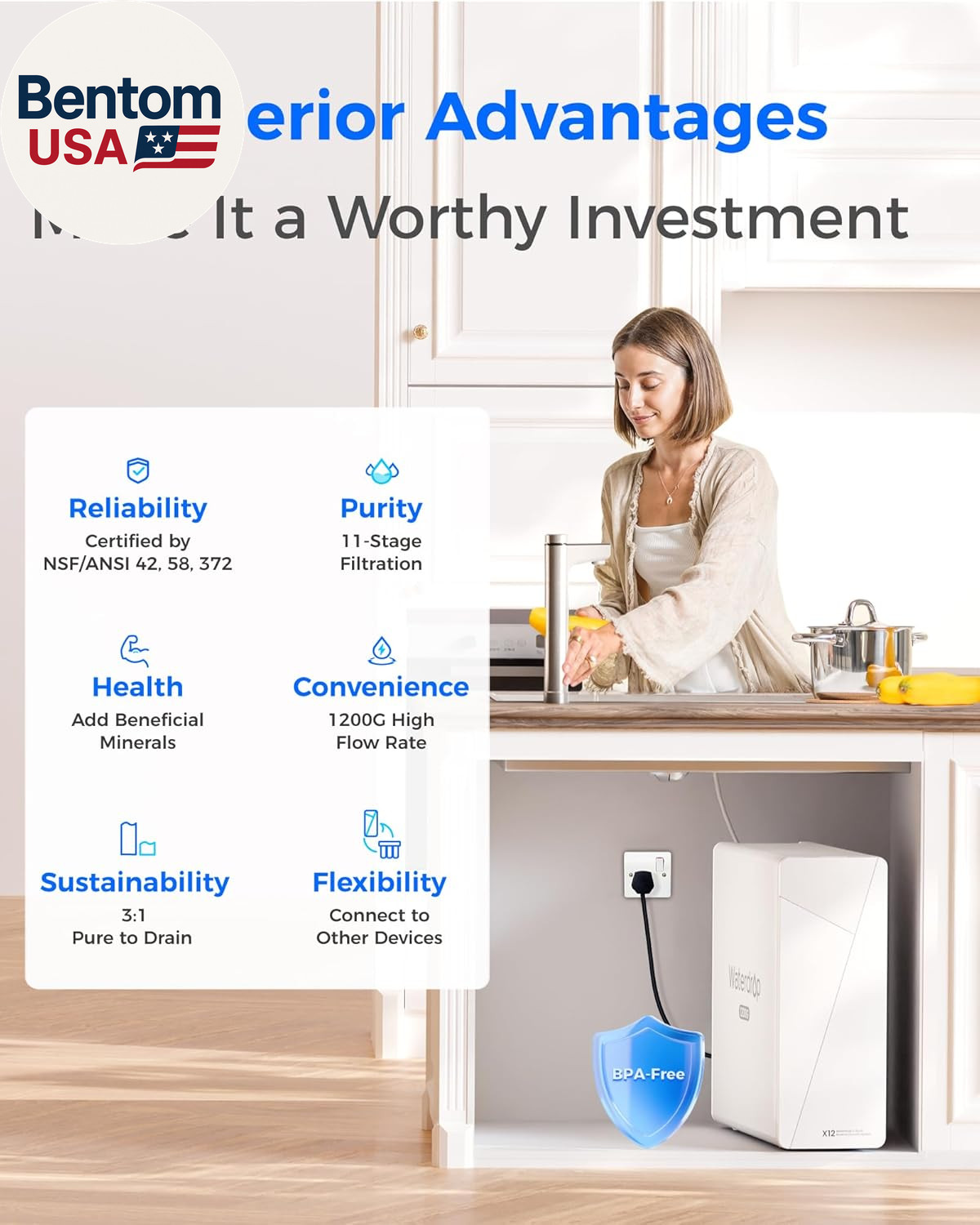 X12 Alkaline Mineral Reverse Osmosis System, NSF/ANSI 42&58&372 Certified, 1200