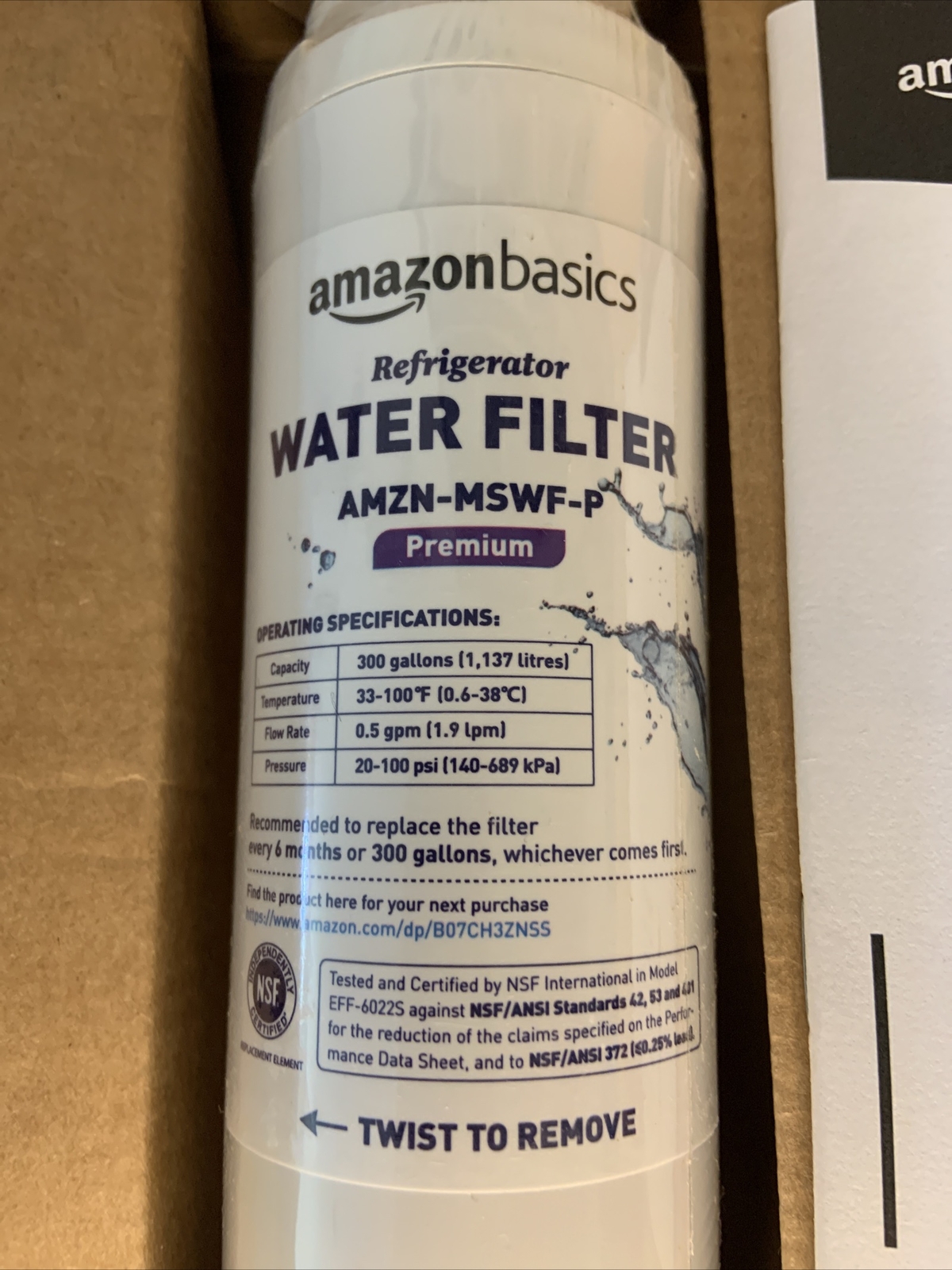 Amazon Basics Refrigerator Water Filter AMZN-MSWF-P Premium Sealed New in Box