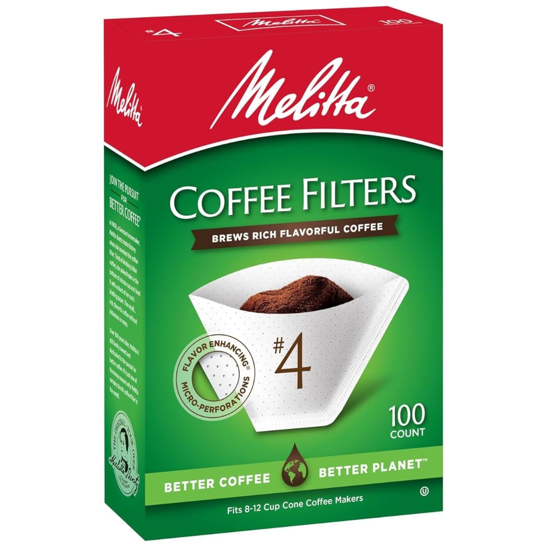 Melitta #4 Cone Coffee Filters, White, 100 Count (Pack Of 6), 6-Pack, White