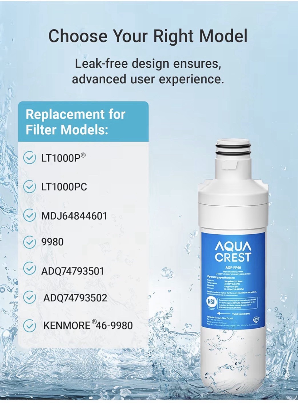 Aqua Crest AQF-FF46 Refrigerator Water Filters Replacement for LG® LT1000P®