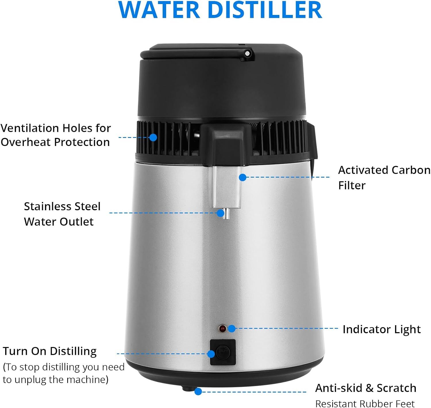 4L Stainless Steel Water Distiller 750W with Glass Jug, Gold/Red/Silver