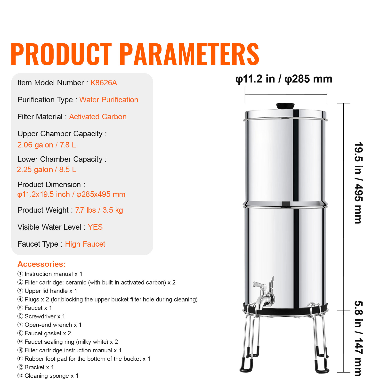 2.25G Gravity-fed Water Filter Countertop System Stainless Steel 2 Filters