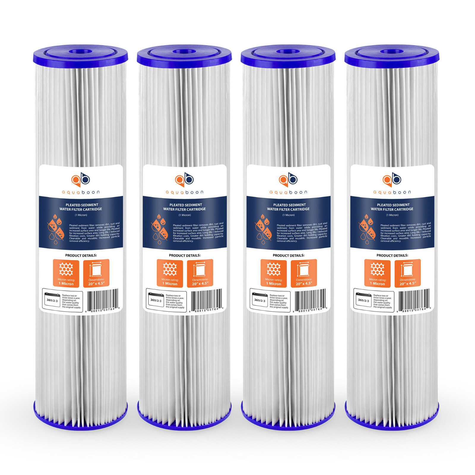 4PK of Big Blue 1µm Pleated Washable Sediment Water Filter 20″x4.5″ by Aquaboon