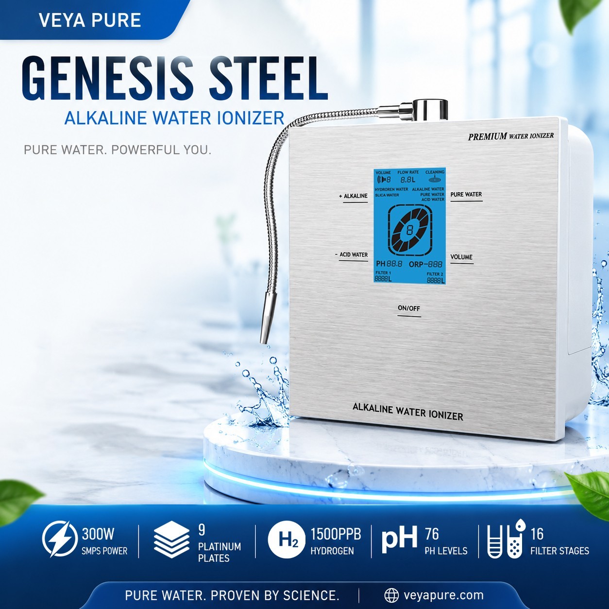 Alkaline Water Ionizer 9 Plate 300W 76 pH Levels LCD 1500PPB Hydrogen 16 Stage