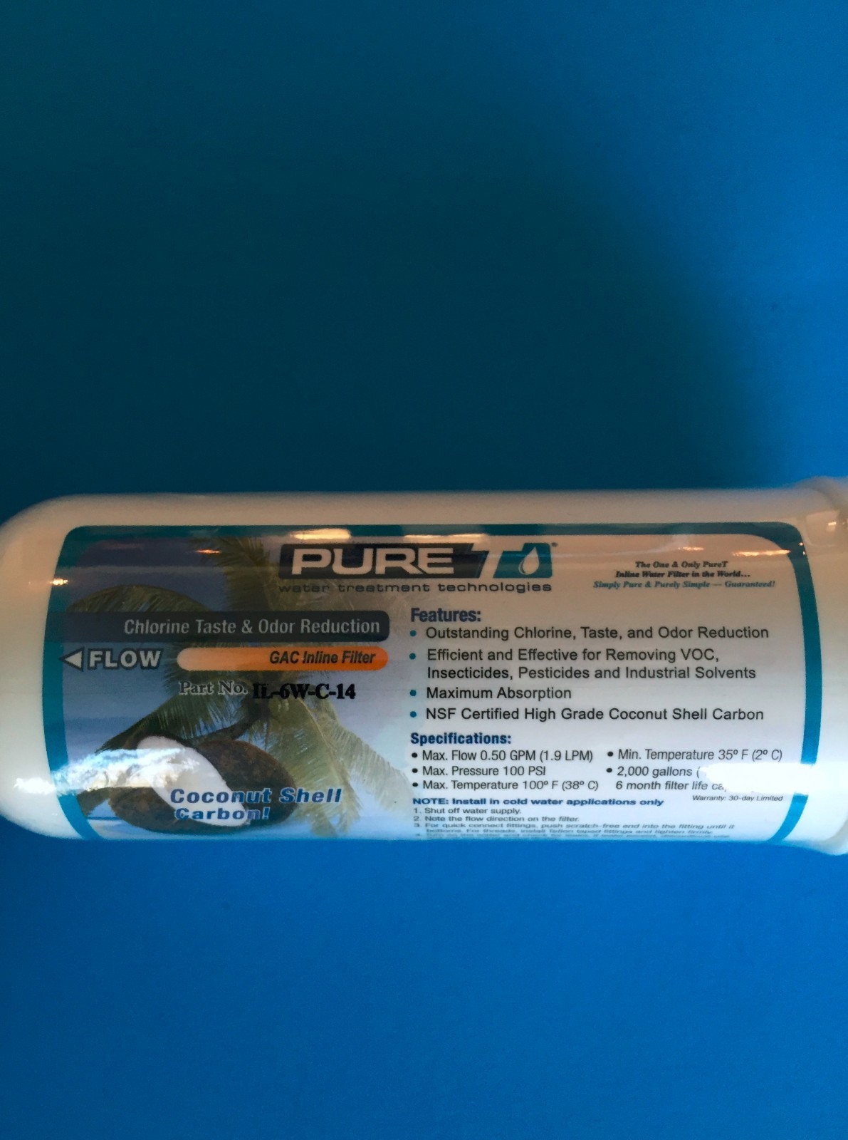 REVERSE OSMOSIS 6 x 2 IN-LINE CARBON FILTER 1/4″ FPT THREADED ENDS