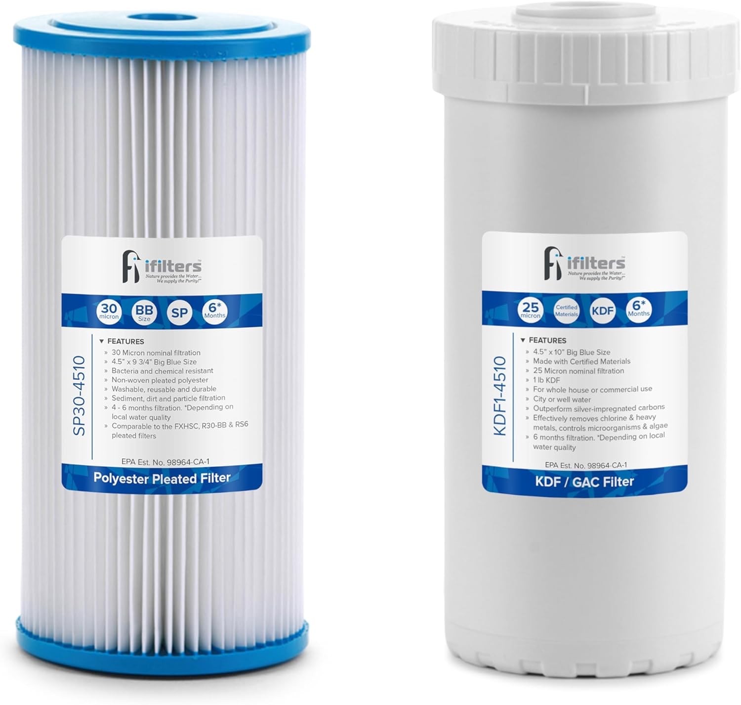 iFilters 10 In Whole House Sediment & GAC/KDF (2) Water Filters for Dual Systems