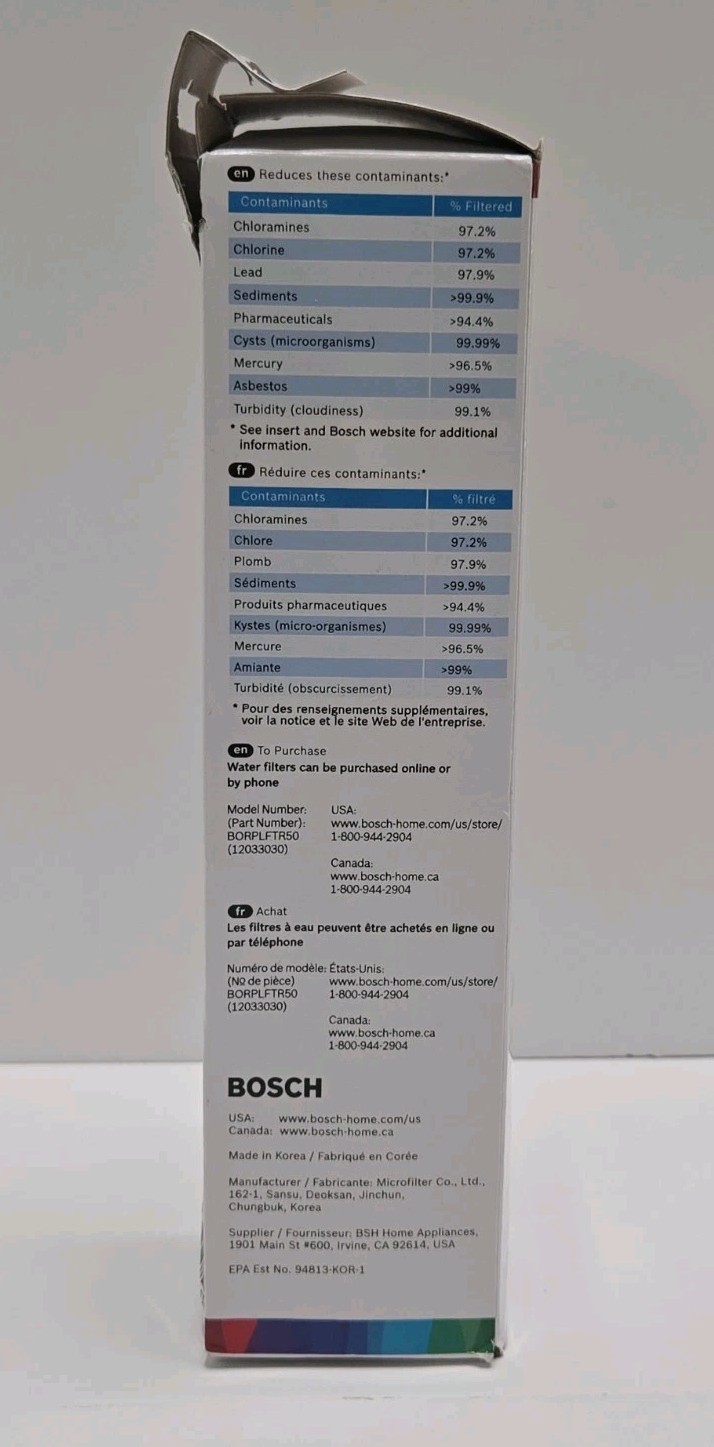 Bosch Ultra Clarity Pro Refrigerator Water Filter – White BORPLFTR50NEW SEALED
