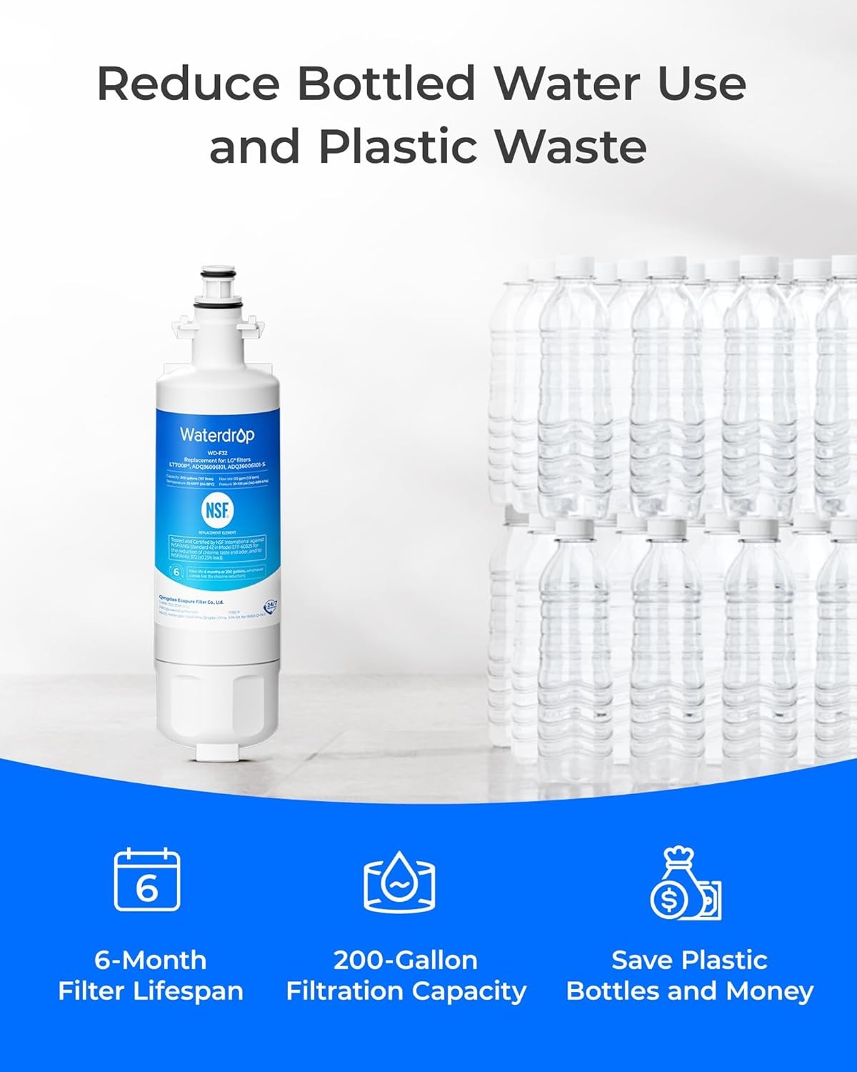 Waterdrop Refrigerator Water Filter, Replacement for LG® LT700P®, Pack of 4
