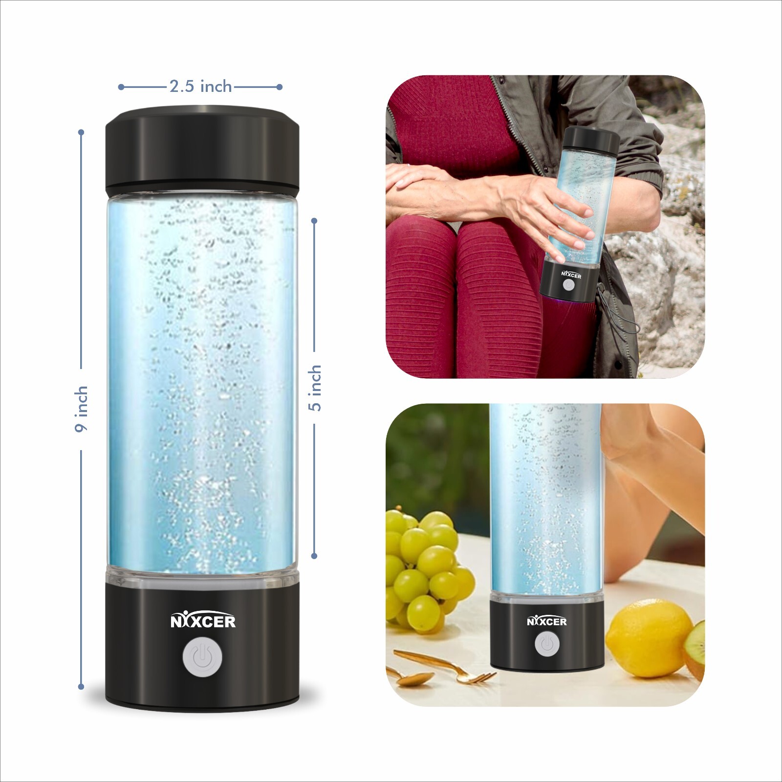 NIXCER HYDROGEN 3 MIN SPE PEM TECH 2025 MODEL 420ML HYDRO WATER BOTTLE BLACK