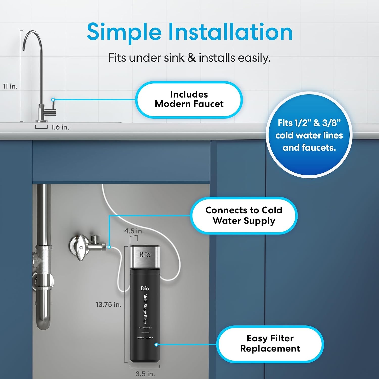 Brio Under Sink Drinking Water Filter 3-Stage 0.5 Micron w/ Faucet System