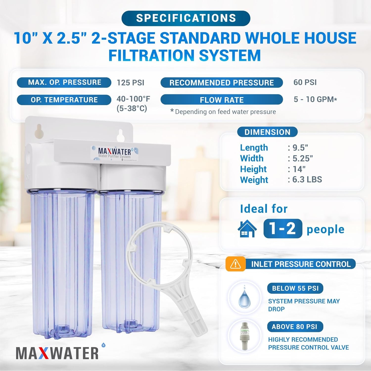 Max Water 10″ 2 Stage Whole House Standard Home Water Filter Syste