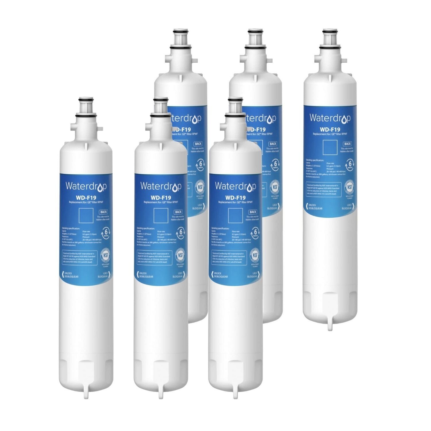 Waterdrop RPWF Refrigerator Water Filter, replacement for GE® RPWF, 6 Pack