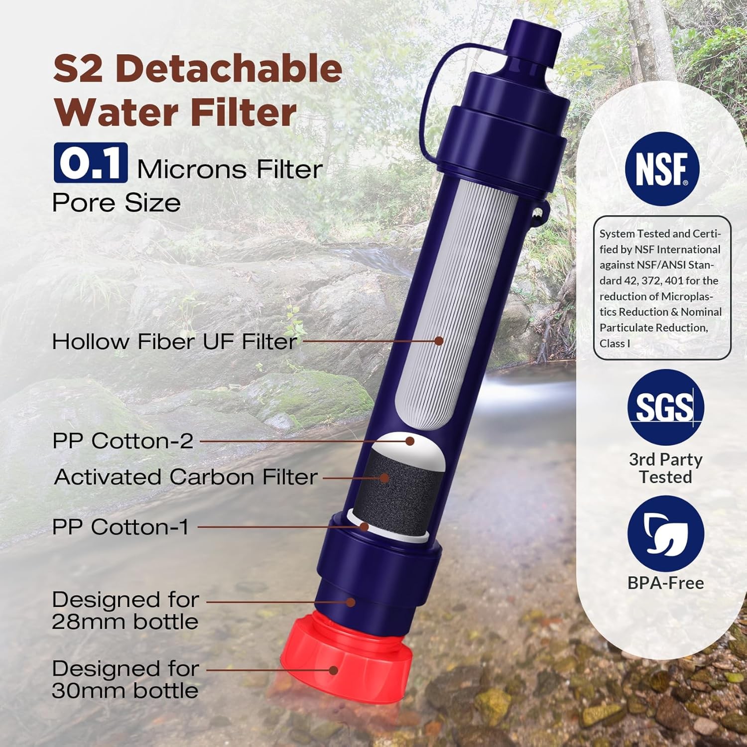 Water Filter Straw w/Gravity-Fed Water Bag 6L,Outdoor Portable Purifier Survival