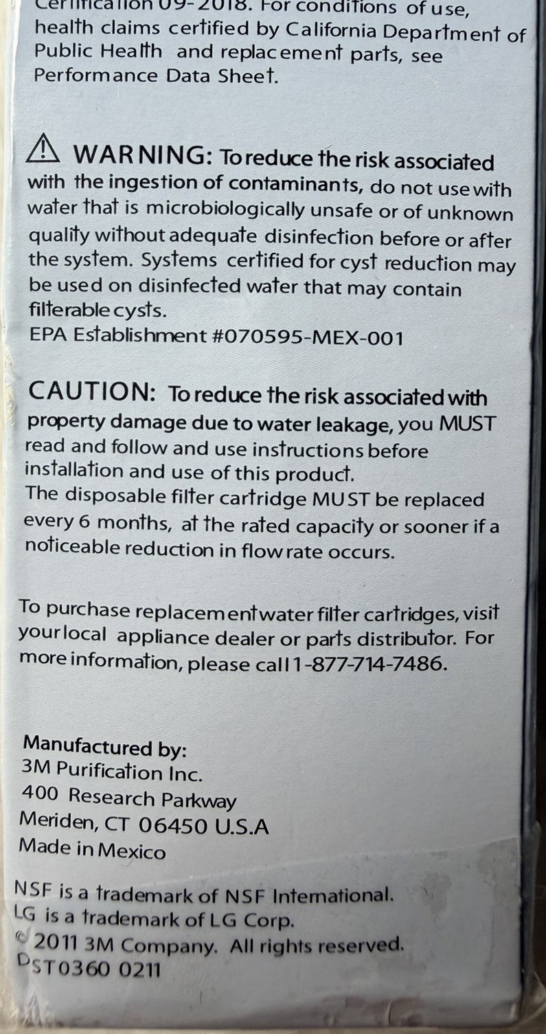 LG Refrigerator Water Filter ADQ36006101 LT700P 200 Gallons Genuine New Open Box