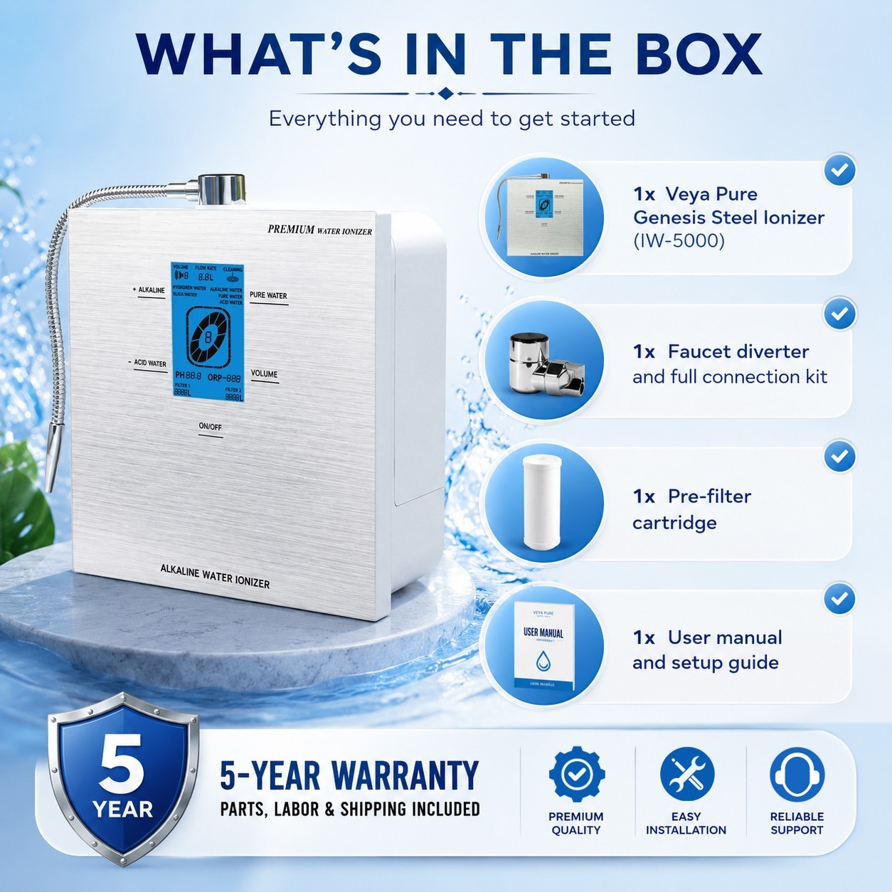 Alkaline Water Ionizer 9 Plate 300W 76 pH Levels LCD 1500PPB Hydrogen 16 Stage