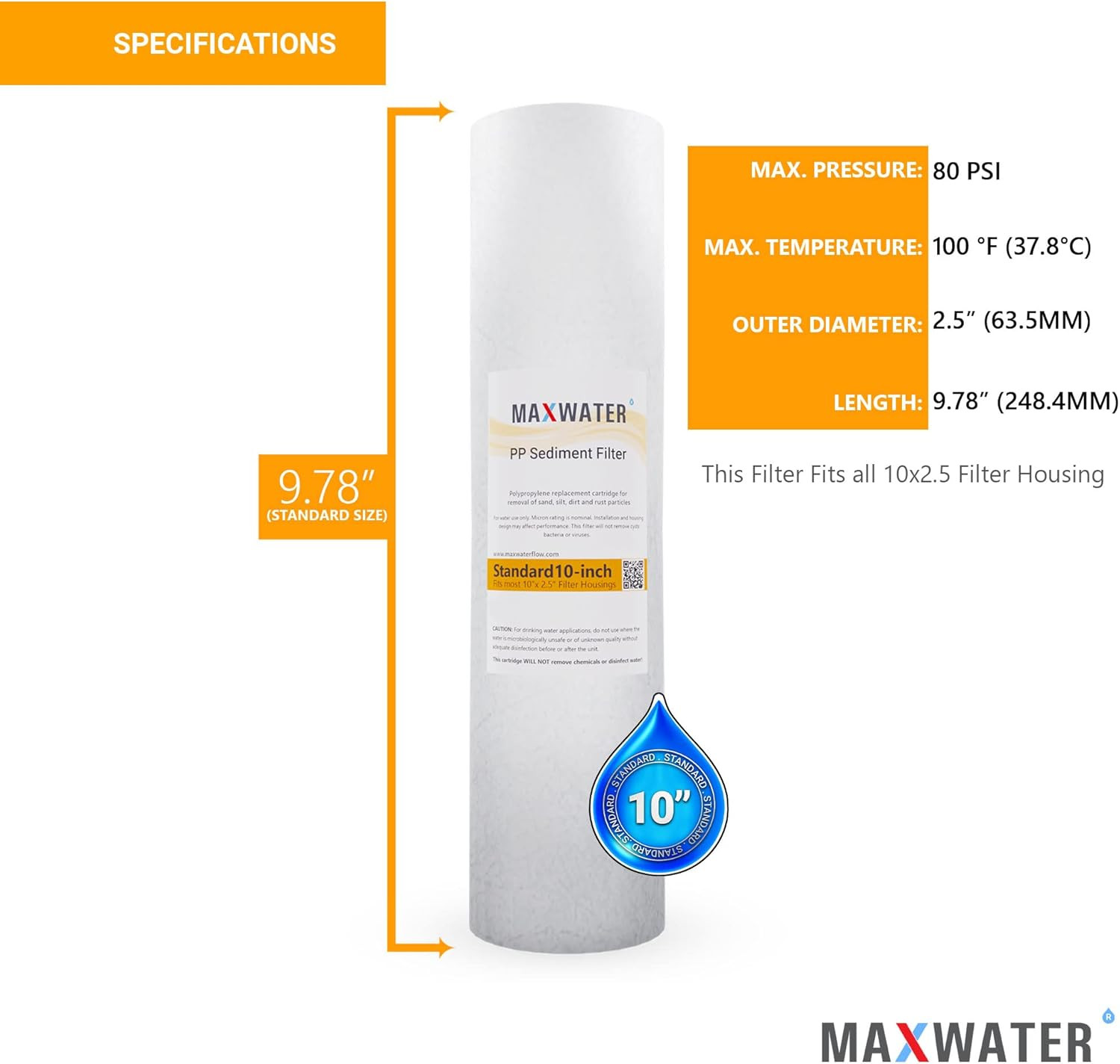 10 Inch X 2.5 Inch, 5 Micron Replacement Sediment Water Filter Cartridge for Who