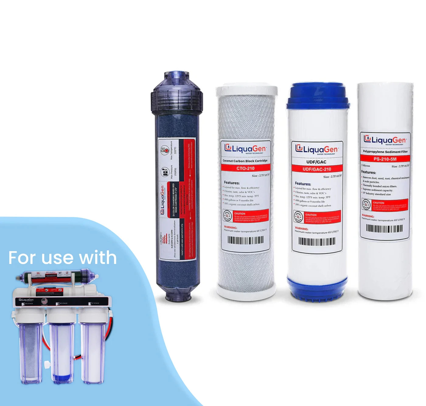 LiquaGen 5 Stage RODI Filter Kit No Membrane Sediment Carbon DI 2.5″x10″