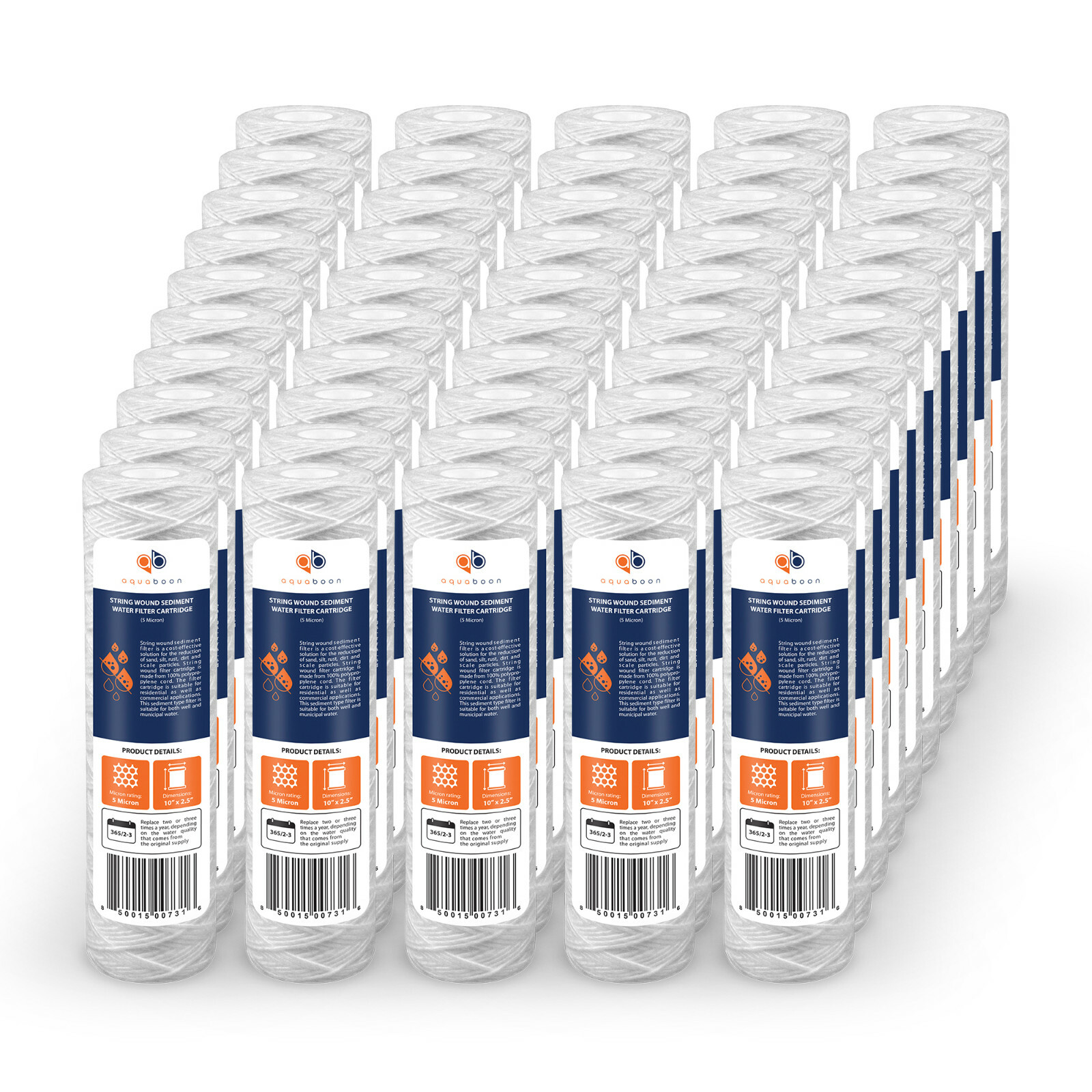 50-Pack of 5 Mic Wound String Sediment Water Filter Cartridges 10″x2,5″ for RO