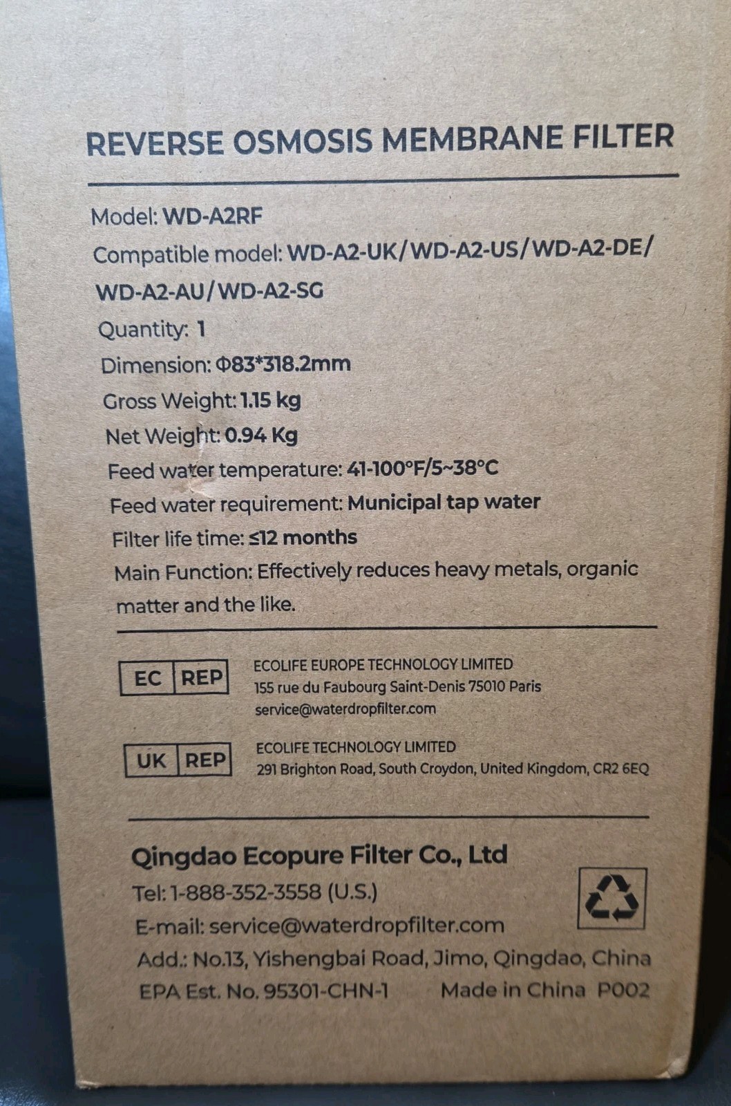Waterdrop WD-A2RF Filter For Replacement WD-A2 Countertop Reverse Osmosis System
