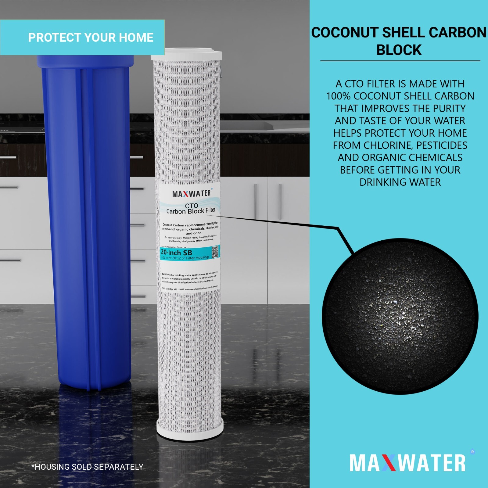 Max Water Whole House Water Filter Set 20″ x 2.5″ Coconut Shell Carbon, Sediment