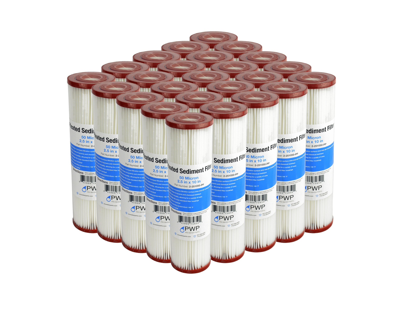 Pleated Poly Sediment Water Filter Cartridge Standard 2.5×10″ 50 Micron 25 Pack