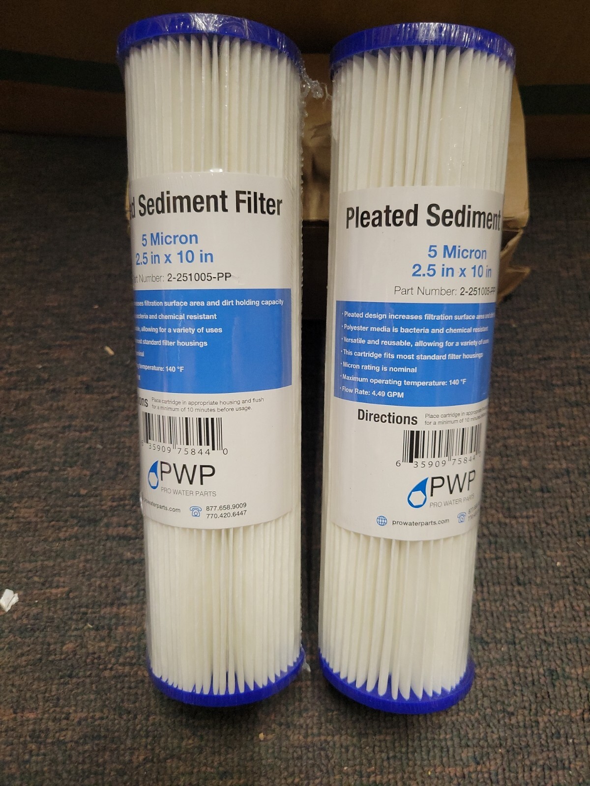 Pleated Poly Sediment Water Filter Cartridge Standard 2.5×10″ 5 Micron 2 Pack