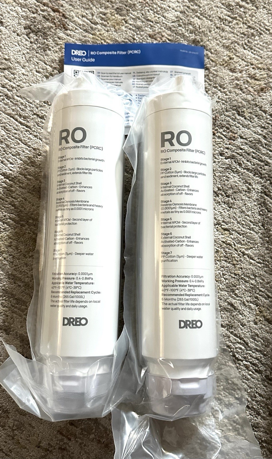 DREO 2-Pack RO Water Filter Replacement 7-Stage PFOA PFOS Removal 265 Gal