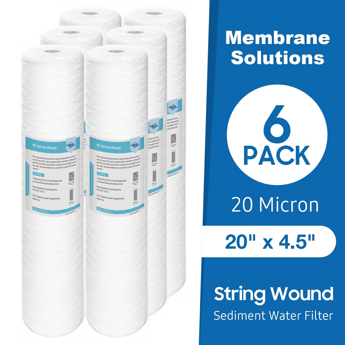6 Pack 20″ x 4.5″ String Wound Whole House Well Sediment Water Filter 20 Micron