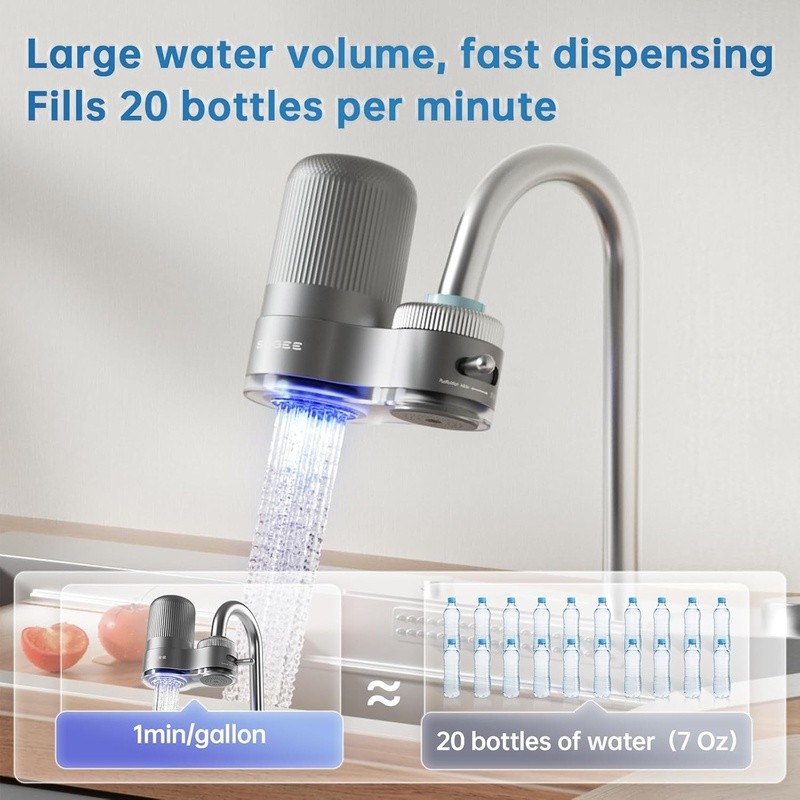 8-Layer Faucet Water Filter Hydroelectric Blue Light Easy Install 300 Gallons US