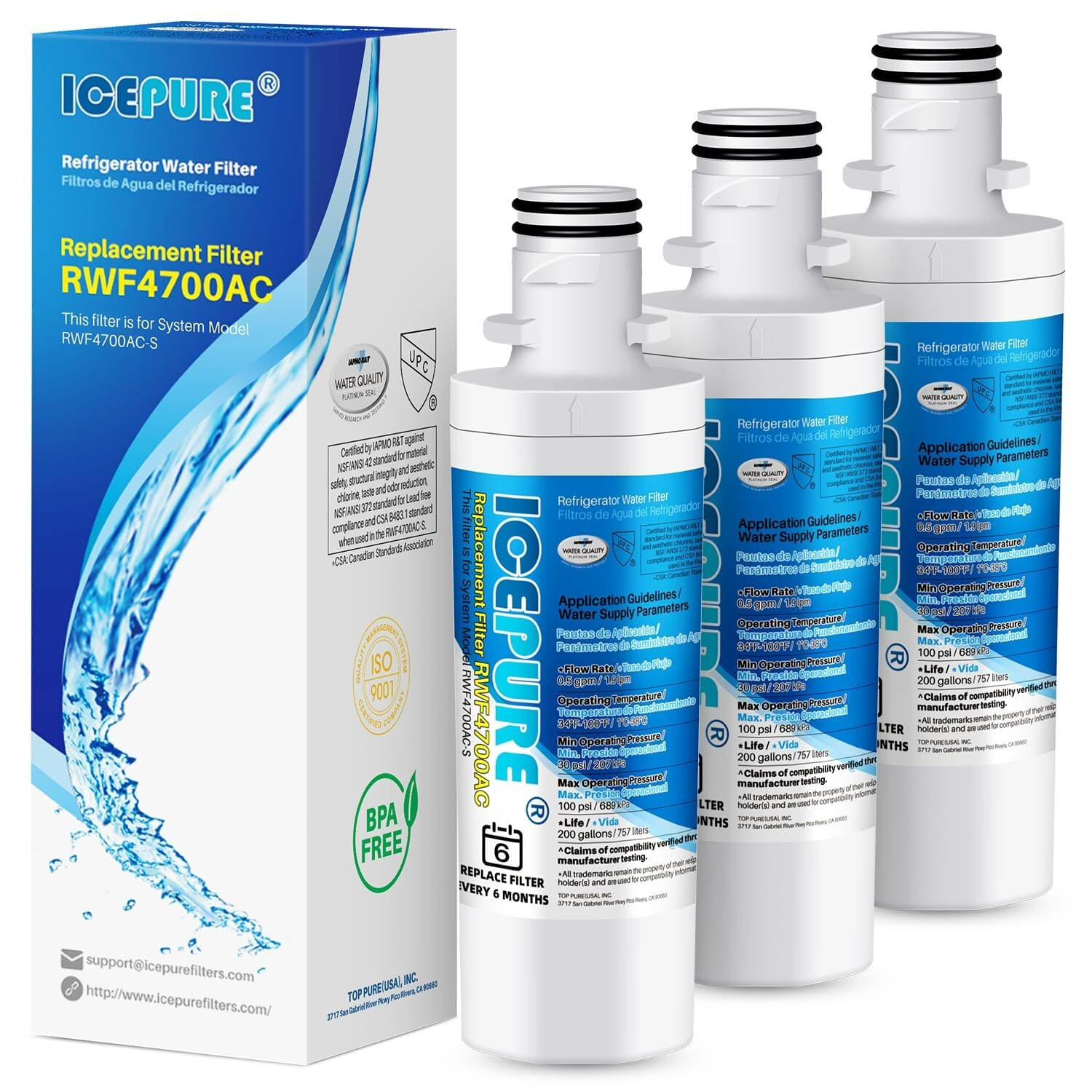 3 PACK Fit For LG ADQ747935 lfxs26973s lfxc22526s Water Filter Cartridge Icepure