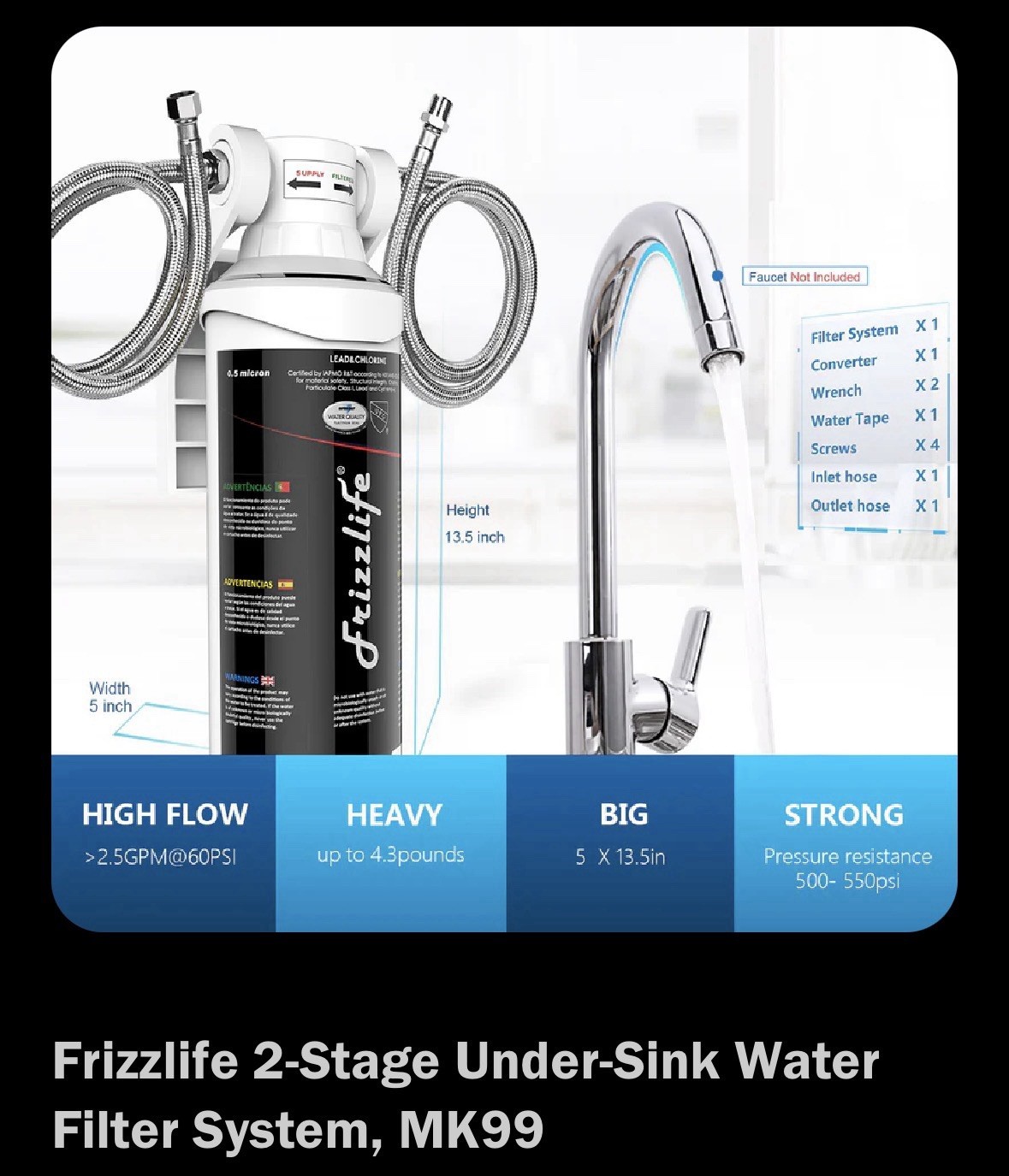 Frizzlife Undersink Quick Change Filter System MK99 NSF/ANSI 42&53 Water Filtrat