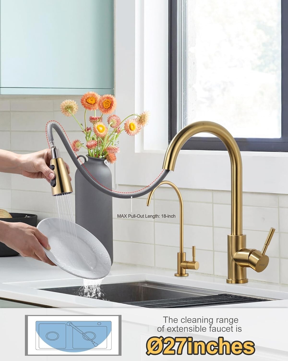 Premium Stainless Steel Kitchen Faucet with Drinking Water Faucet – Brushed Gold