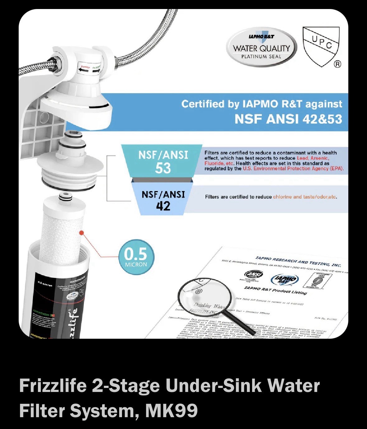 Frizzlife Undersink Quick Change Filter System MK99 NSF/ANSI 42&53 Water Filtrat