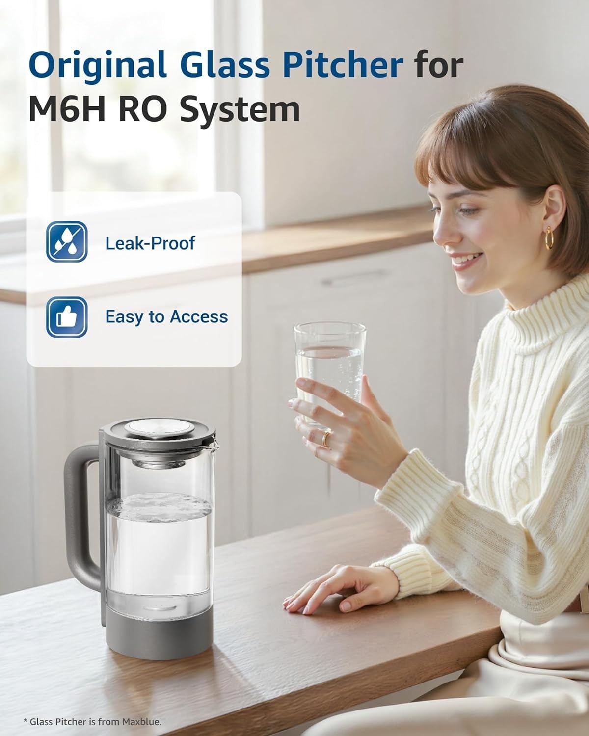 Maxblue GPWD Glass Water Pitcher Compatible with Waterdrop M6H RO System, Grey
