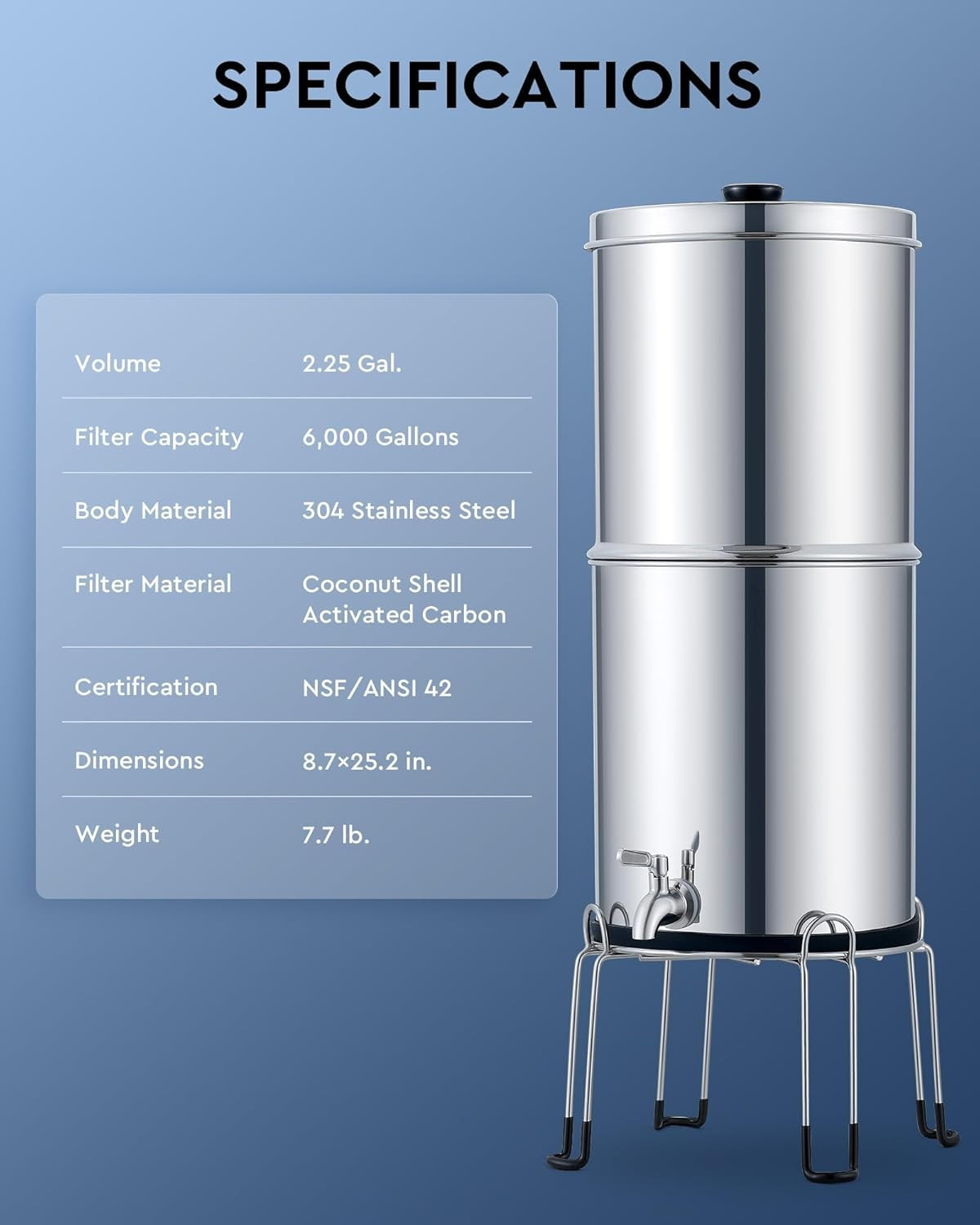 Stainless Steel Gravity Water Filter System with 2 Carbon Filters, 2.25 Gal