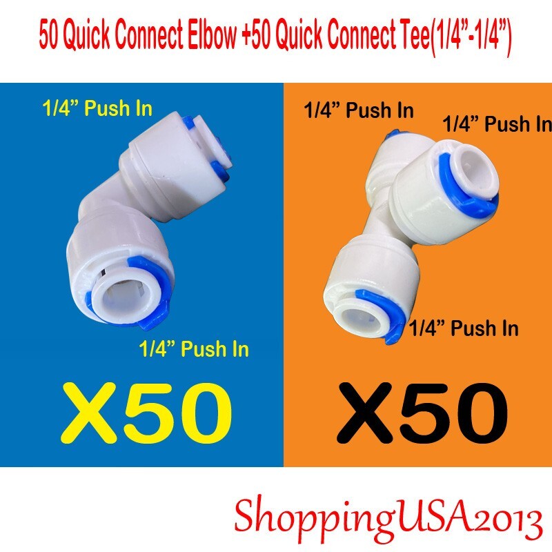 50PCS Quick Connect Elbow +50 Quick Connect Tee Fittings 1/4″-1/4″ Water Filter