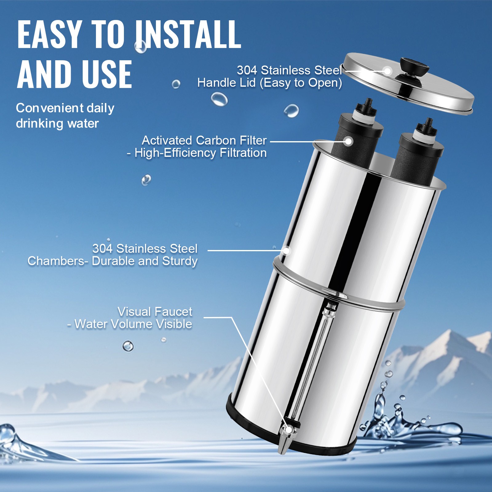 Uimoso2.25G Gravity-fed Water Filter Countertop System Stainless Steel 2 Filters