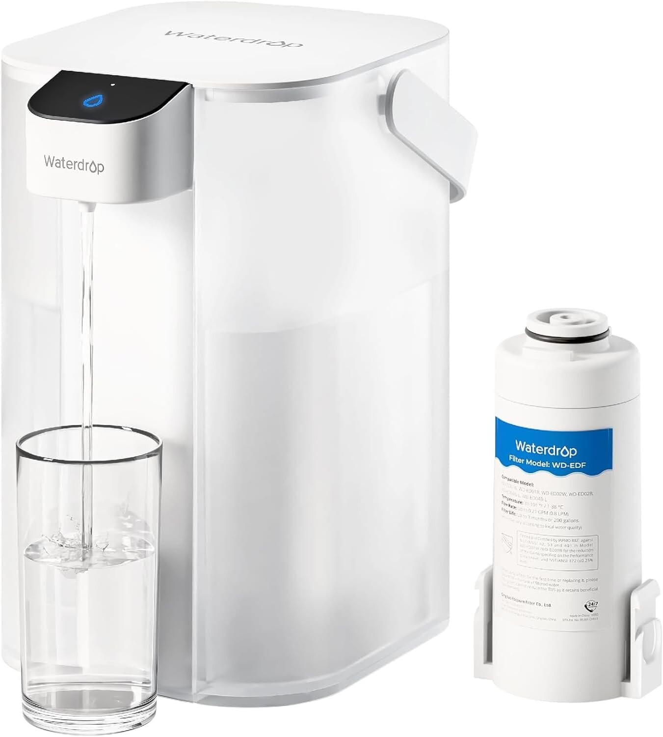 New Waterdrop Electric Pitcher, 3 Months Water Filter Dispenser, 15-Cup White