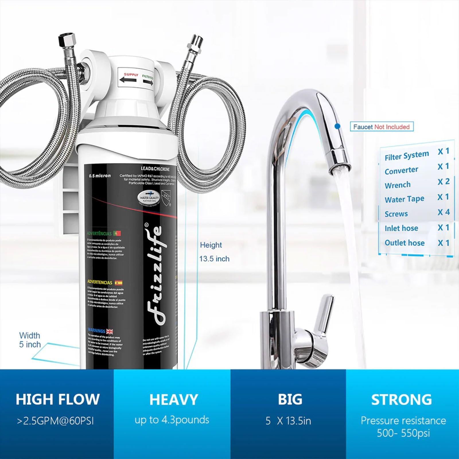 Filter Sink Water System NSF ANSI 53&42 0.5 Micron Frizzlife Under 5342 High