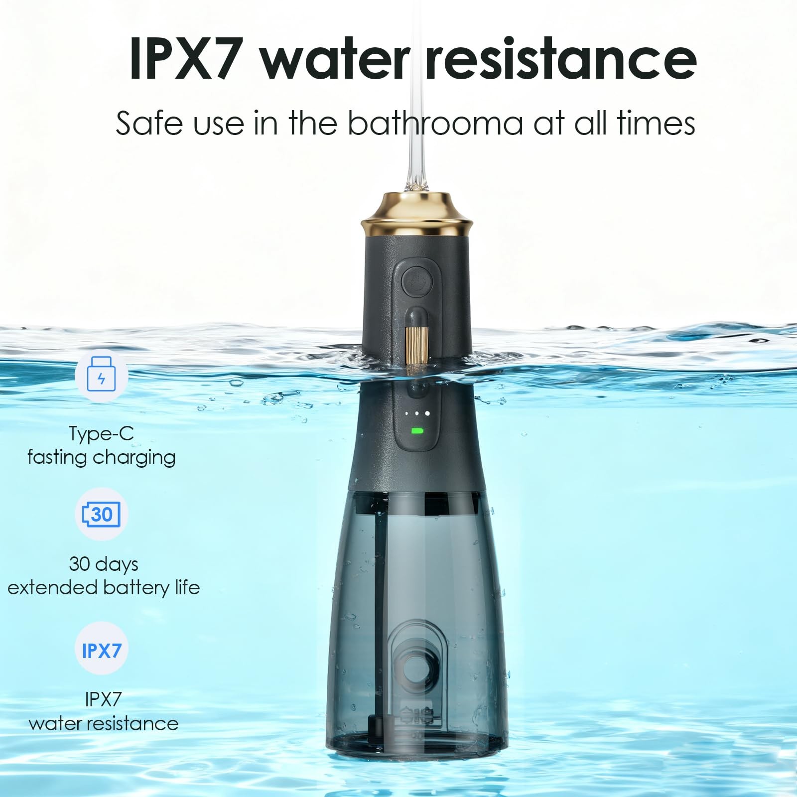 Hooyapik 300ML Long-Lasting Battery Life Water Flosser 300ML, Black&gold