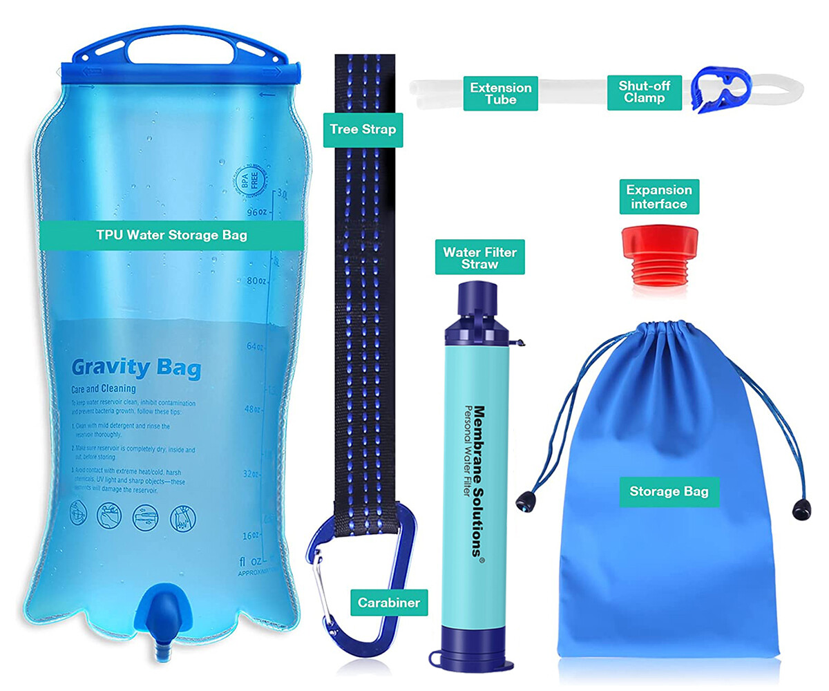 Gravity Fed Water Filtration System,with Filter Straw,2Pk Survival Water Pouches