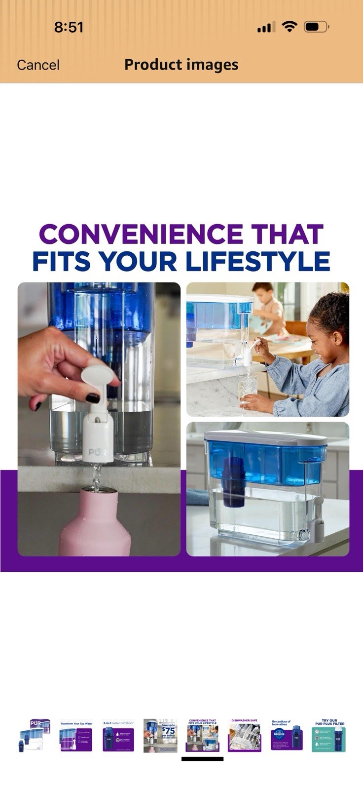 PUR 30-Cup Filter Jug Water Dispenser, Carbon Filter, Blue/White/Clear