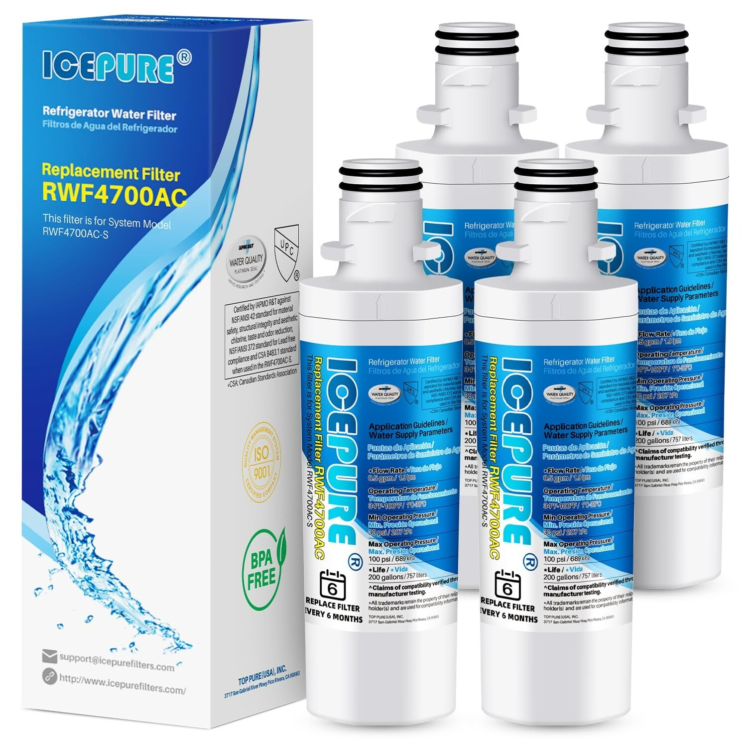 4PACK Fit For LG LT1000P AGF80300704 ADQ74793501 LFXS28566M Water Filter Icepure