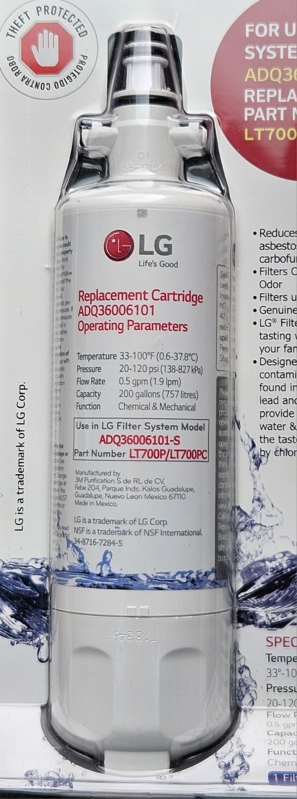 LG Refrigerator Water Filter ADQ36006101-S LT700P 200 Gallons Genuine New