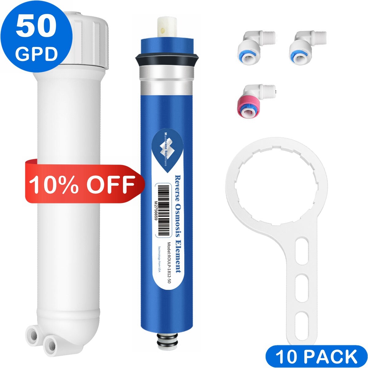 10 Pack 50 GPD Reverse Osmosis RO Membrane Water Filter Housing Replacement Set